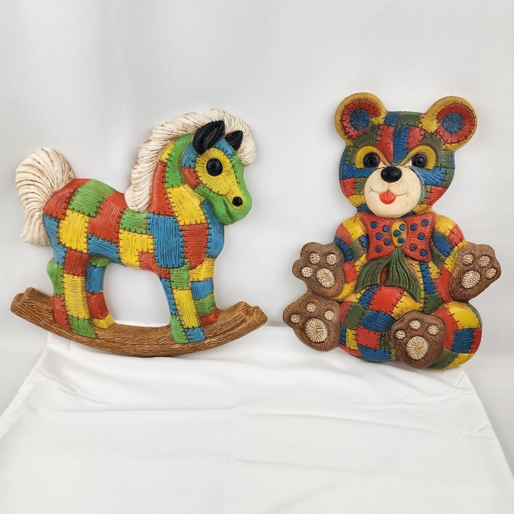 Vtg Syroco Foam Craft‎ Patchwork Rocking Horse Teddy Bear, Nursery Wall Baby